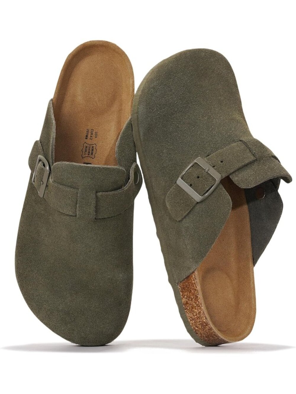 Mens Olive Suede Leather Cloud Full Grain Genuine Leather Buckle Closure Clogs